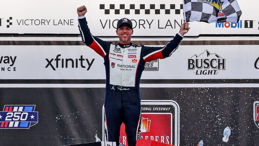 Emotional Hamlin wins NASCAR Cup race at Michigan, honors Busch